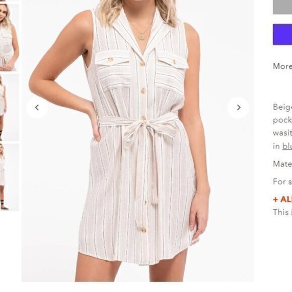 Mine Dress womens M Collared Sleeveless Belted Front Button down cream stripe - Picture 1 of 8